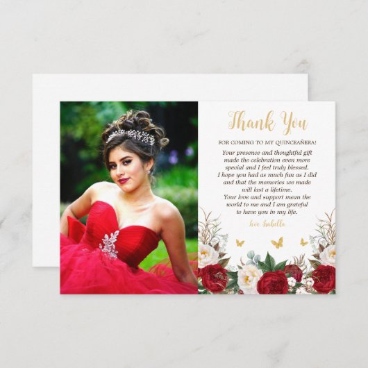 Elegantes Rot & Gold Foto Quinceañera Dankeskarte (Vorne/Hinten)