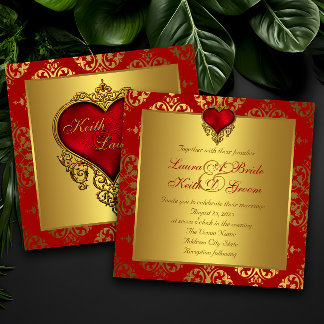 Elegantes Rot-Gold-Herz-Hochzeitsempfang Einladung