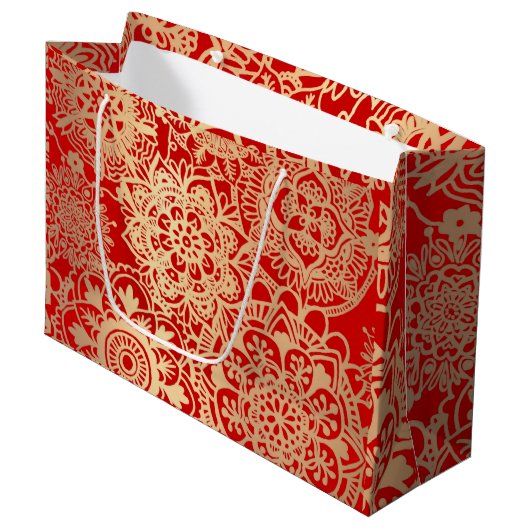 Elegantes Rot-Gold-Mandala-Muster Große Geschenktüte (Vorderseite Schrägansicht)