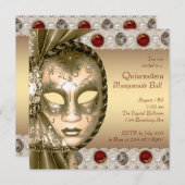 Elegantes Rot-Gold-Masquerade-Party Einladung (Vorne/Hinten)