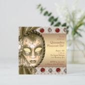 Elegantes Rot-Gold-Masquerade-Party Einladung (Stehend Vorderseite)