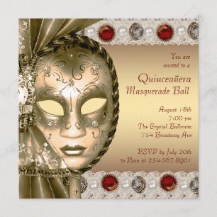 Elegantes Rot-Gold-Masquerade-Party Einladung