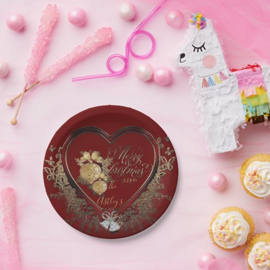 Elegantes Rot-Gold Modernes Viktorianisches Weihna Pappteller (Party)