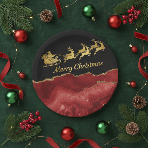 Elegantes Rot Gold Santa Schlitten Frohe Weihnacht Pappteller
