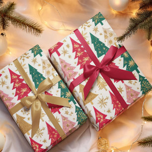 Elegantes Rot Grün Gold Weihnachtsbäume Muster Geschenkpapier