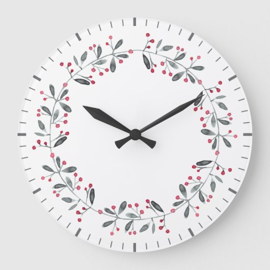 Elegantes Rot & Grün Holly Wreath Weihnachten Große Wanduhr (Vorderseite)