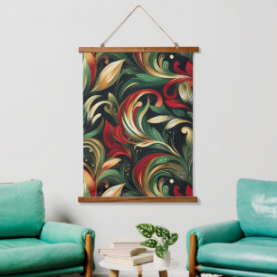 Elegantes Rot-, Grün- und Gold-Abstrakt Paisley-Bl Wandteppich Mit Holzrahmen