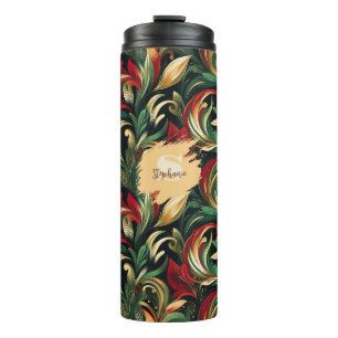 Elegantes Rot, Grün und Gold abstraktes Paisley-Bl Thermosbecher