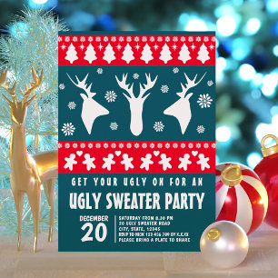 Elegantes Rot-Grünes Rentier Ugly Sweater Party Einladung