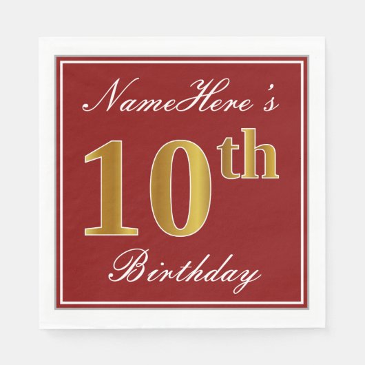 Elegantes Rot, Imitate Gold 10. Geburtstag + Indiv Serviette (Vorderseite)