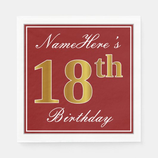 Elegantes Rot, Imitate Gold 18. Geburtstag + Indiv Serviette (Vorderseite)