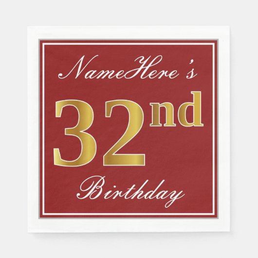 Elegantes Rot, Imitate Gold 32. Geburtstag + Indiv Serviette (Vorderseite)