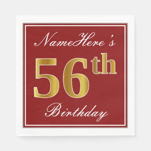Elegantes Rot, Imitate Gold 56. Geburtstag + Indiv Serviette (Vorderseite)