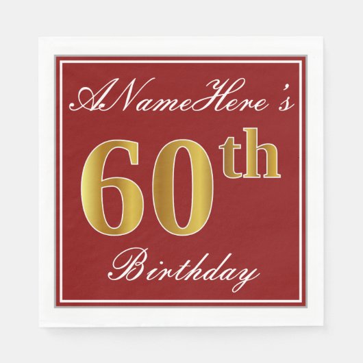 Elegantes Rot, Imitate Gold 60. Geburtstag + Indiv Serviette (Vorderseite)