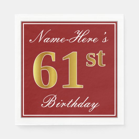 Elegantes Rot, Imitate Gold 61. Geburtstag + Indiv Serviette (Vorderseite)