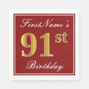 Elegantes Rot, Imitate Gold 91. Geburtstag + Indiv Serviette
