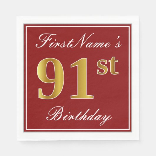 Elegantes Rot, Imitate Gold 91. Geburtstag + Indiv Serviette (Vorderseite)