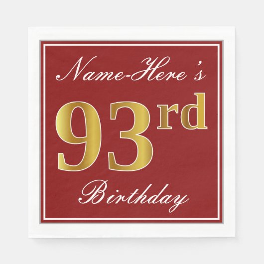 Elegantes Rot, Imitate Gold 93. Geburtstag + Indiv Serviette (Vorderseite)