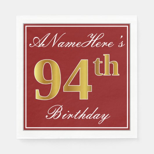 Elegantes Rot, Imitate Gold 94. Geburtstag + Indiv Serviette (Vorderseite)