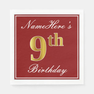 Elegantes Rot, Imitate Gold 9. Geburtstag + Indivi Serviette
