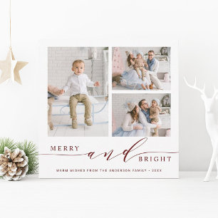 Elegantes Rot Merry & Bright 3 Foto Quadrat Feiertagskarte