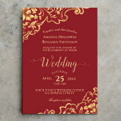 Elegantes Rot mit Gold Frills Calligraphy Wedding Einladung