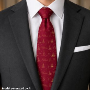 Elegantes Rot mit goldenen Weihnachtsbaum-Doodles Krawatte