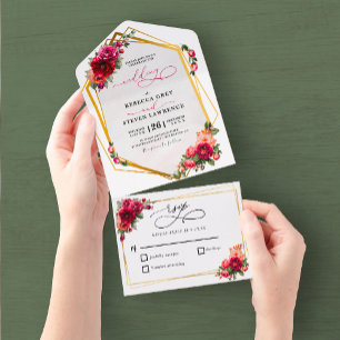 Elegantes Rot, rosa Blumenmuster und falsches Gold All In One Einladung