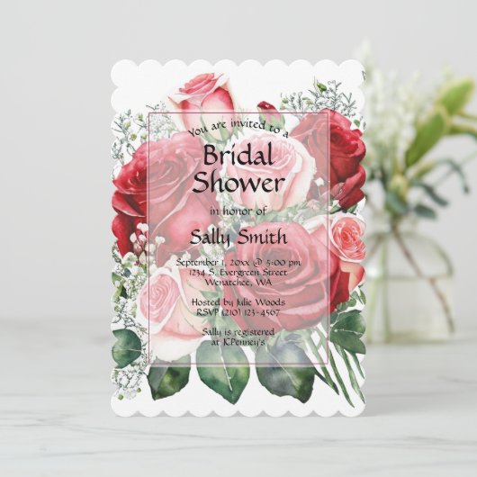 Elegantes Rot-Rosen-Brautparty Einladung (Stehend Vorderseite)