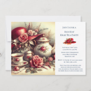 Elegantes Rot-Rosen-Hut-Themen-Teeparty  Einladung