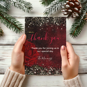 Elegantes Rot-Schwarz-Gold-Glitzer-Blumen-Dankesch Karte