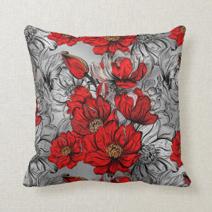 Elegantes Rot-Schwarz-Rose-Blume-Muster Silver Kissen