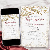 Elegantes Rot- und Gold-Blätter der Quinceanera Einladung