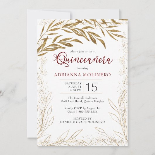 Elegantes Rot- und Gold-Blätter der Quinceanera Einladung (Vorderseite)