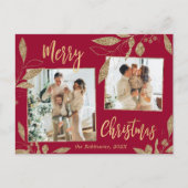 Elegantes Rot und Gold Botanisches 2 Foto Weihnach Postkarte (Vorderseite)