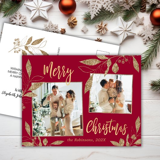 Elegantes Rot und Gold Botanisches 2 Foto Weihnach Postkarte