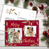 Elegantes Rot und Gold Botanisches 2 Foto Weihnach Postkarte