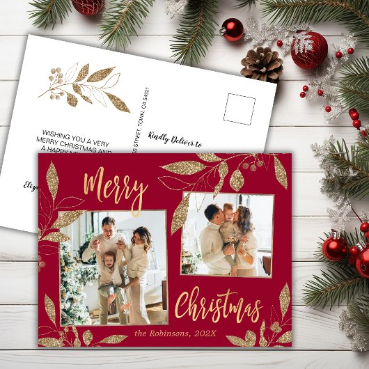 Elegantes Rot und Gold Botanisches 2 Foto Weihnach Postkarte