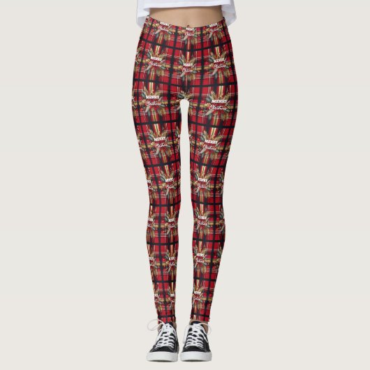 Elegantes Rot und Gold Festival Kariert Leggings (Vorderseite)
