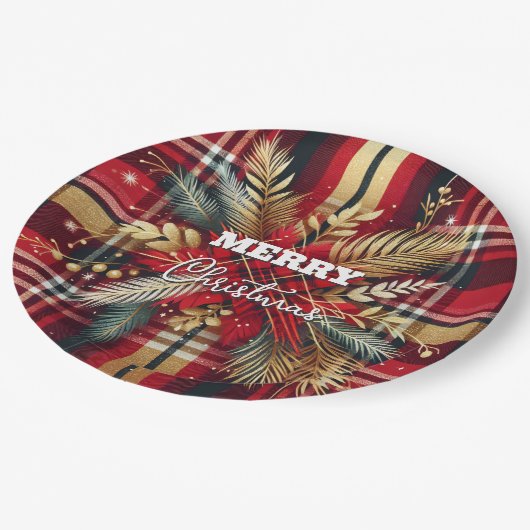 Elegantes Rot und Gold Festival Kariert Pappteller (Schrägansicht)