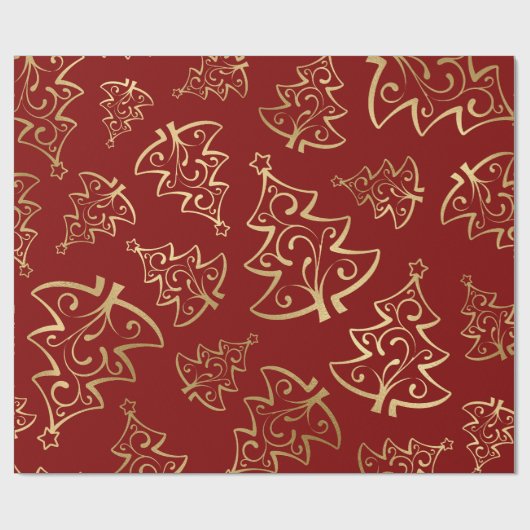 Elegantes Rot und Gold Imitate Foil Christmas Tree Geschenkpapier (Flach)