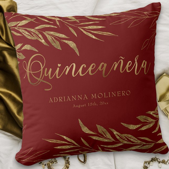 Elegantes Rot und Gold Leaf Personalisiert Quincea Kissen (Red Quinceanera keepsake pillow from my Gold Leaf Quinceanera Collection)