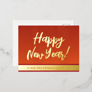 Elegantes Rot und Gold Script glücklich Neues Jahr Folien Feiertagspostkarte