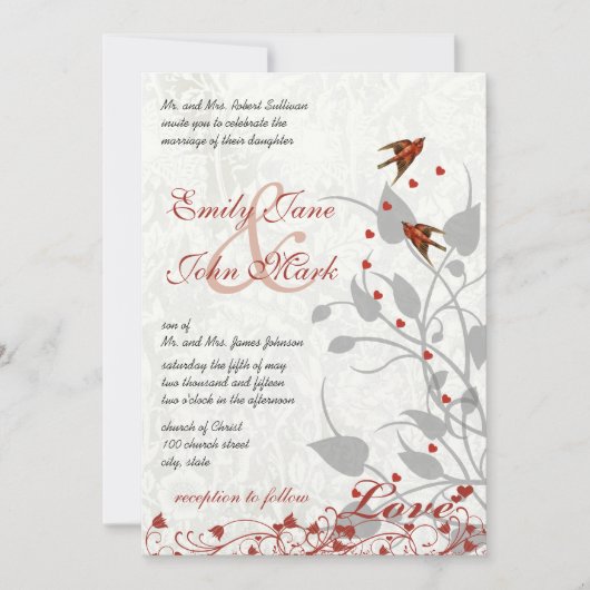 Elegantes Rot und Gray Hearts Lovebird Wedding Einladung (Vorderseite)
