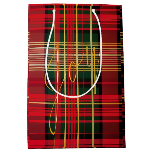 Elegantes Rot und Grün Karierter 'Joy' Script Holi Mittlere Geschenktüte (Vorderseite)