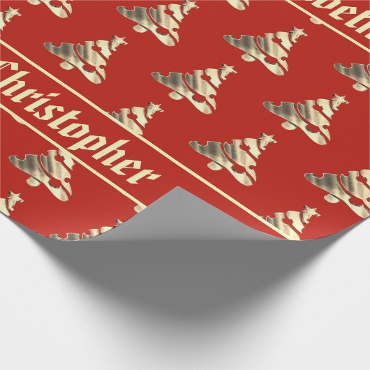 Elegantes Rot und Imitate Gold Weihnachtsbaummuste Geschenkpapier (Ecke)