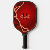 Elegantes Rot und Schwarzes Agate Mit Monogramm Pickleball Schläger (Rückseite)