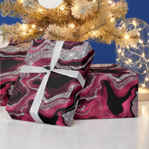Elegantes Rot- und Silber-Glitter-Achat-Geburtstag Geschenkpapier