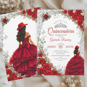 Elegantes Rot und Silber Werstern Quinceañera Einladung