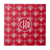 Elegantes Rot-Weiß-Damask-Monogramm Fliese (Vorderseite)